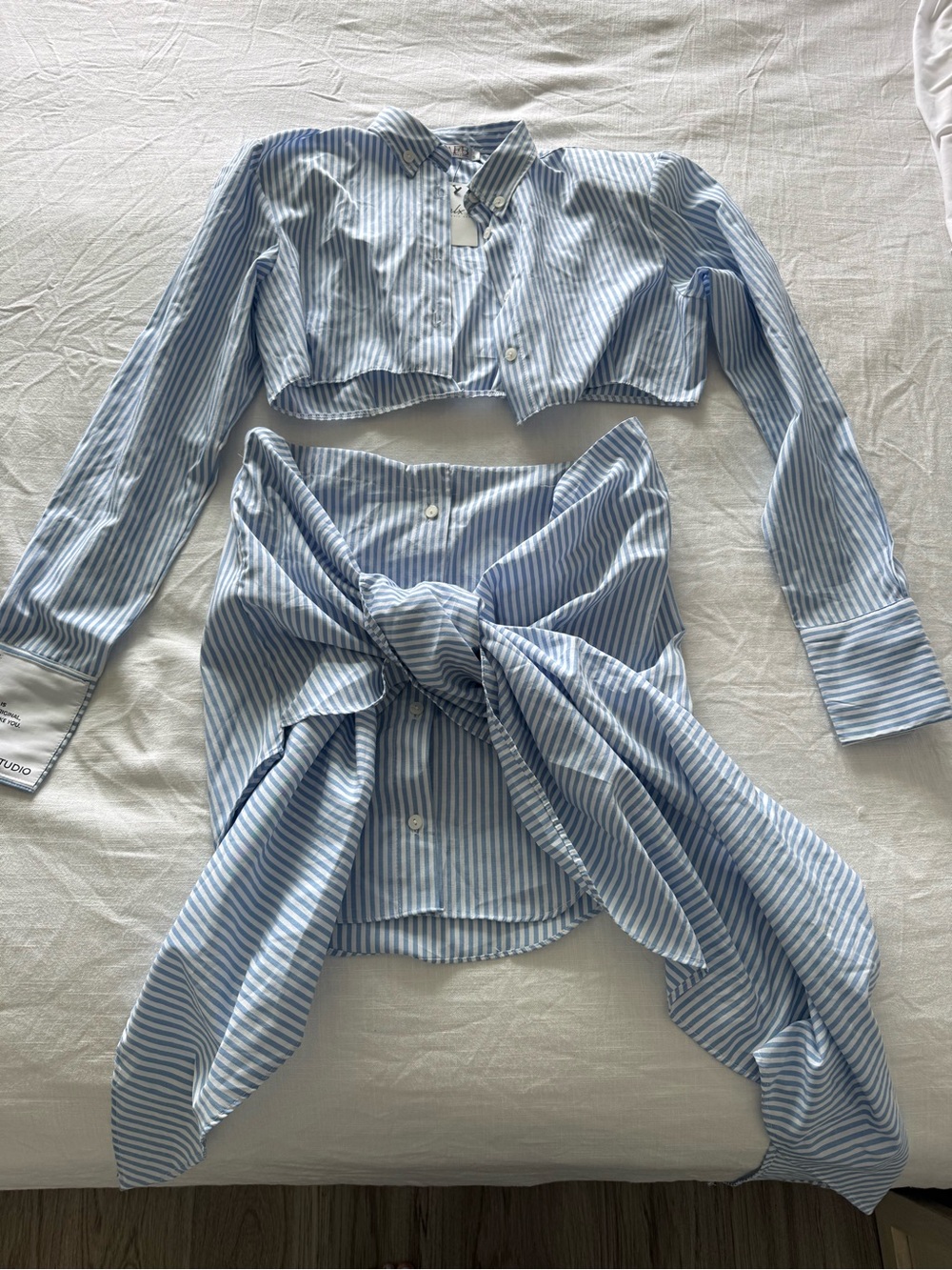 Striped Tie-Front Two-Piece Set in Light Blue & White